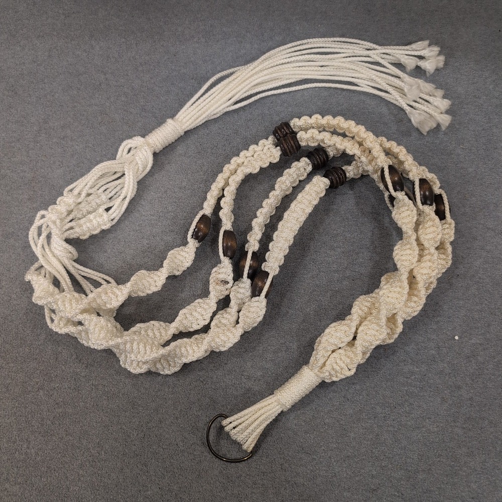 Vintage Macrame Large Plant Hanger Off White Braided Cord Wood Beads Boho 66" - Picture 2 of 5